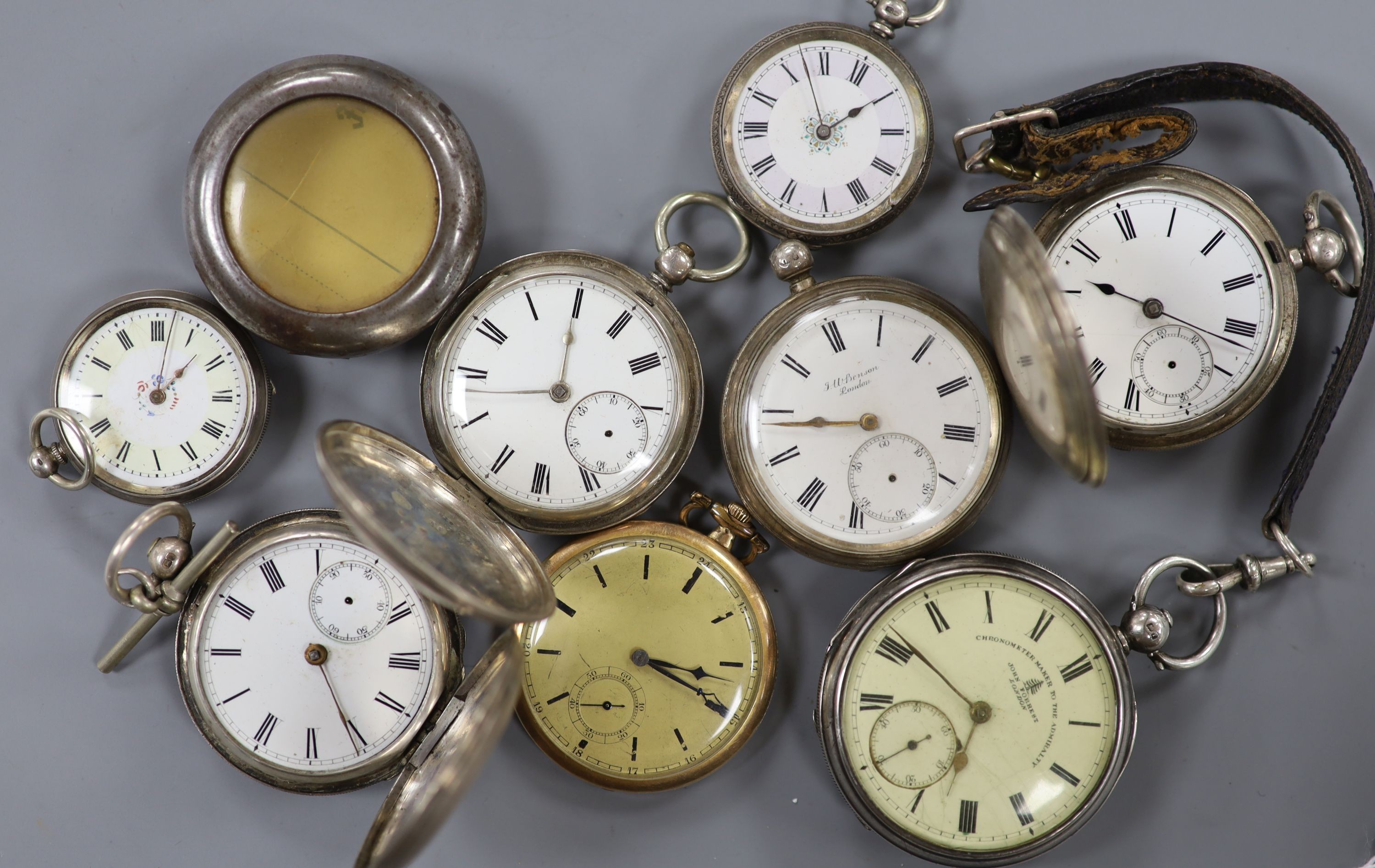 A gold plated pocket watch, an Edwardian silver cased chronometer pocket watch by John Forrest, four other silver pocket watches including J.W. Benson, two fob watches including silver and 800 white metal and a metal wat